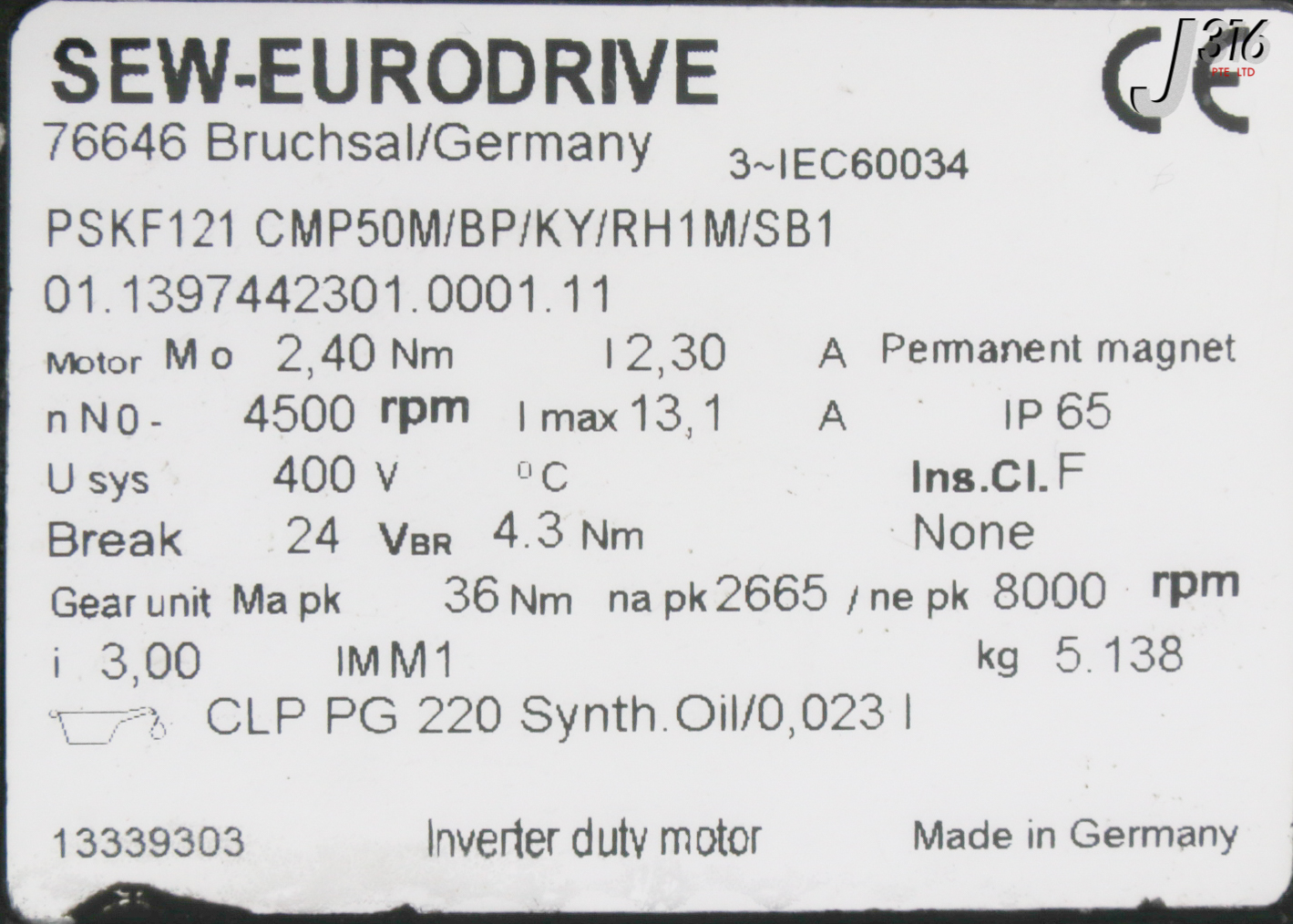 31425 SEW-EURODRIVE SYNCHRONOUS SERVO MOTOR PSKF121 CMP50M/BP/KY